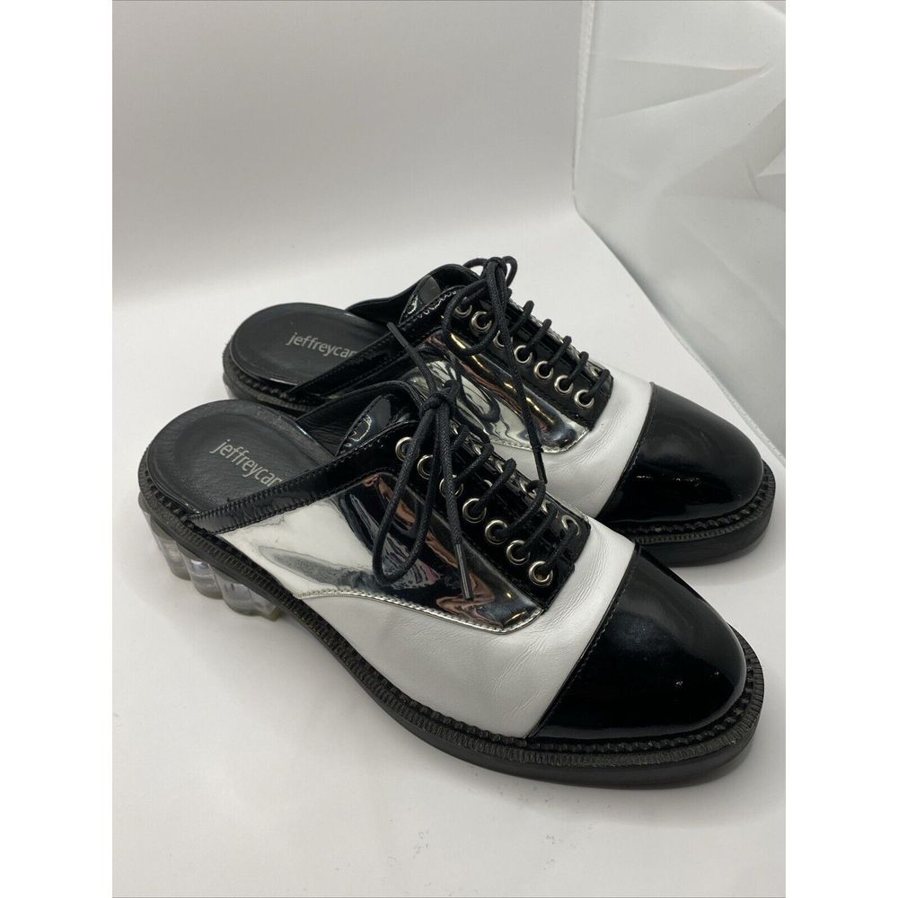 Jeffrey Campbell Lebovit Mule Low Heel Womens Sz 6 Open Back Shoes Silver Black‎
